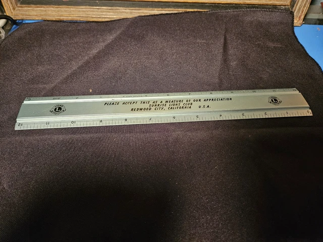 VINTAGE SUNRISE LIONS Club Metal Ruler Redwood City, California, U.S.A ...