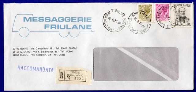 ITALIA - B. RACC. AFF. 40 + 50  L. SIR.+ 90 L. MAZZINI da UDINE il 19-6-1973