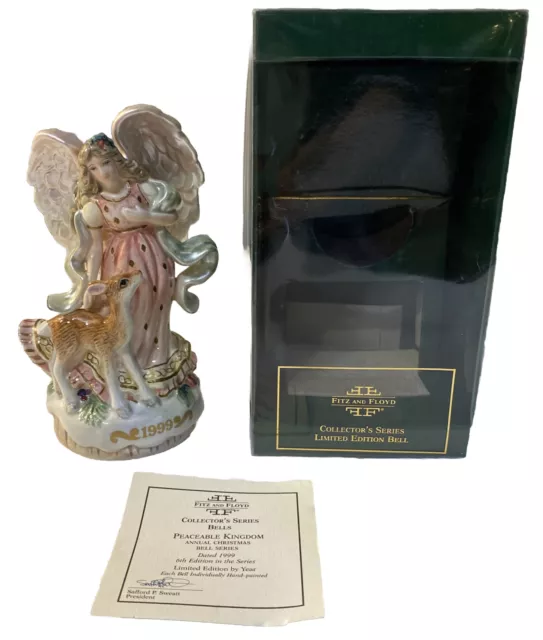 VTG 1999  Fitz & Floyd Peaceable Kingdom Bell Christmas Angel w Fawn Deer in Box