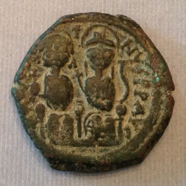Byzantine Empire Justin II with Sophia. 565-578. Æ Follis Nicomedia mint cd