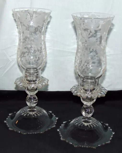 Cambridge WILDFLOWER CRYSTAL *11" HURRICANE LAMPS w/ETCHED CHIMNEY*PAIR* #1617*