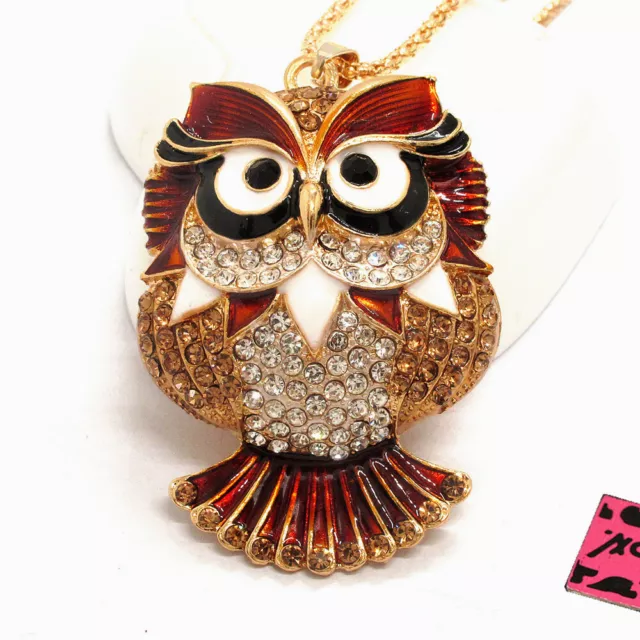 New Fashion Women Brown Enamel Cute Owl Crystal Animal Pendant Chain Necklace