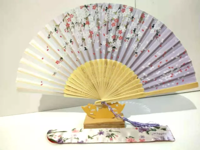 Japanese Silk Hand Fan - Sakura Flower with Silk Fan Holder SSF028