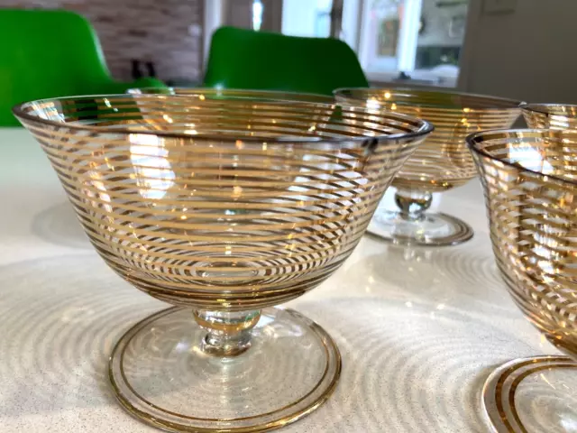 Mid Century Crystal Dessert Compote Bowls Dishes x 5. 24kt Gold Stripe.