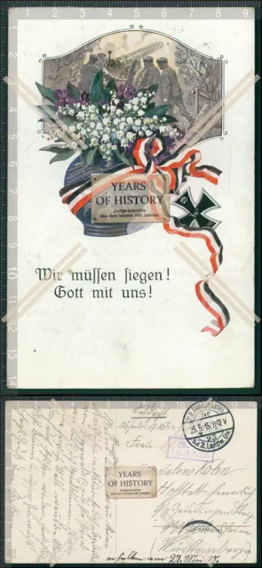 AK 1. WK patriotische Karte mit Schleife Eiserne Kreuz 1915 Feldpost gelaufen