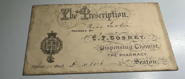 Antique Prescription Envelope  c F Gosney Chemist Seaton To A Miss Austin