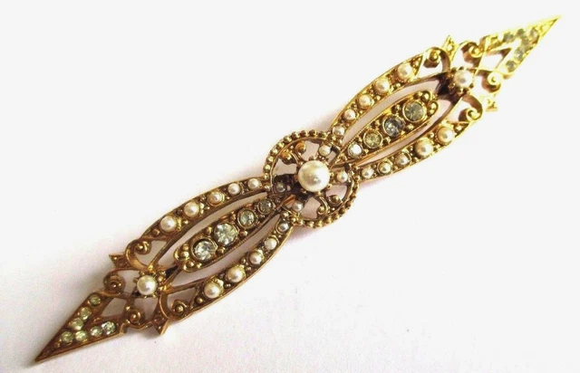 Broche Vintage Plaquée Or Avec Perles Et Cristaux – Estampillée Vpc.p, état Parfait
