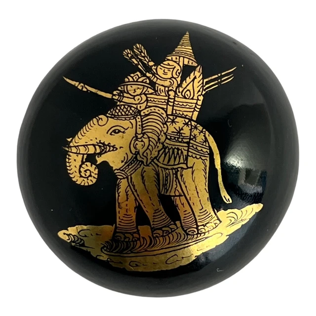 ROYAL WAR ELEPHANT Vintage Lacquerware Wooden Wood Art 2" TRINKET BOX Black Gold