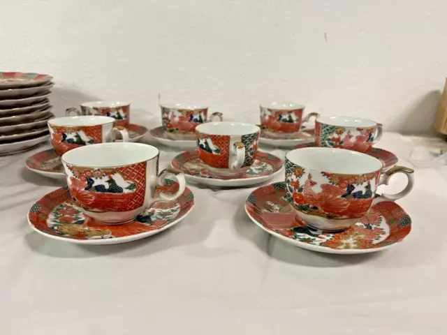 Set Of 8 Arita Imari Peacock Cup & Saucer Sets Tea Cup Saucer Set Japan Vtg