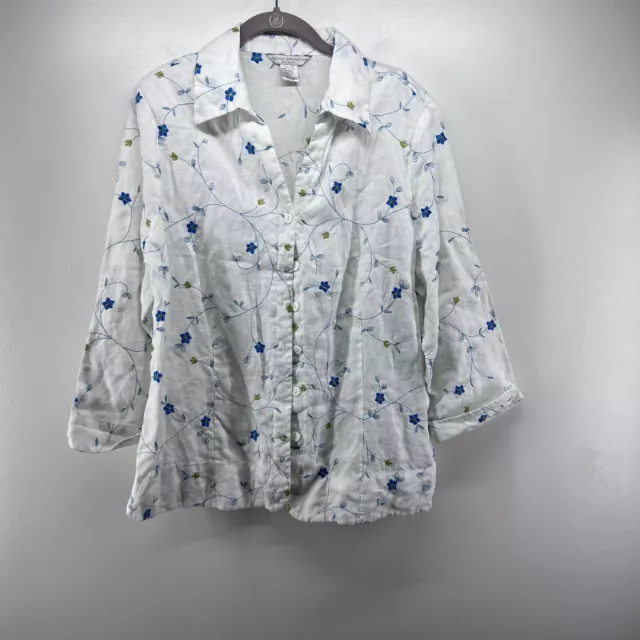 Sarah Spencer Shirt Womens 1X White Blue Floral Linen 3/4 Sleeve Button Up