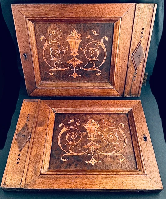 2 Antique Inlaid Marquetry Cabinet Doors Key Hole & Original Hardware 16” X 12”