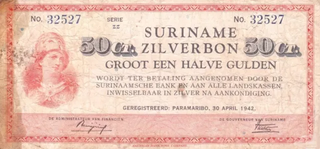 #Suriname Dutch Government 50 Cents 1942 P-104 AF Athena