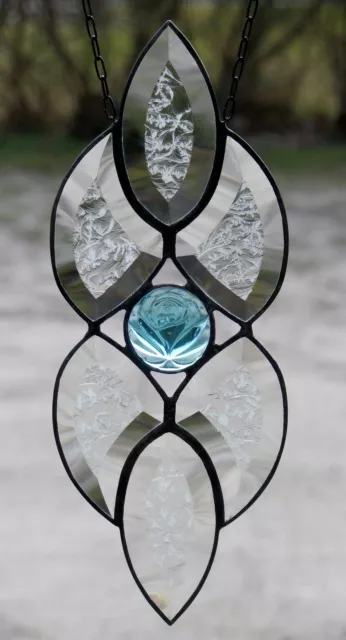 Bleiverglasung Facetten- Fensterbild in Tiffany mit Jugendstil Relief blaue Rose