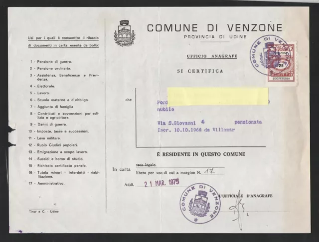 Italy Revenue - Comunali  - 1975 Comune Venzone  L. 25  Segreteria
