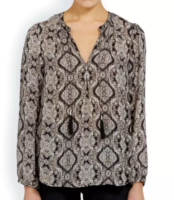 Joie Silk Shirt Womens Small Black V-Neck Long Sleeve Paisley Tassels Calla Top