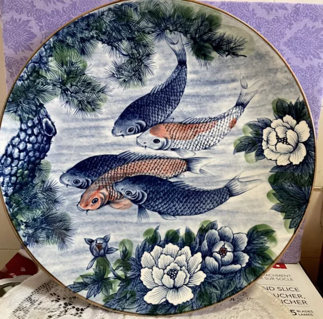 VTG Japanese Sun Ceramics Blue White Red Koi Fish Lotus Porcelain Charger Plate