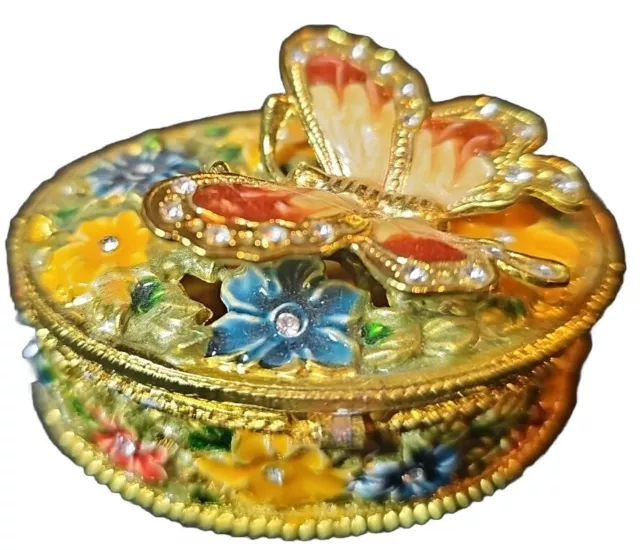 Butterfly & Flowers Trinket Box Gold Jewely Small Magnetic Closure Ornate Nice