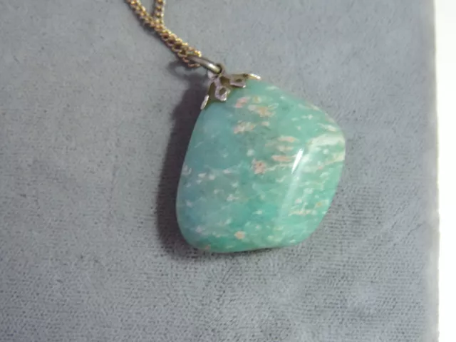 Blue Scottish Agage Polished Stone Pendant Gold tone SC Chain 18" Necklace Cf 62
