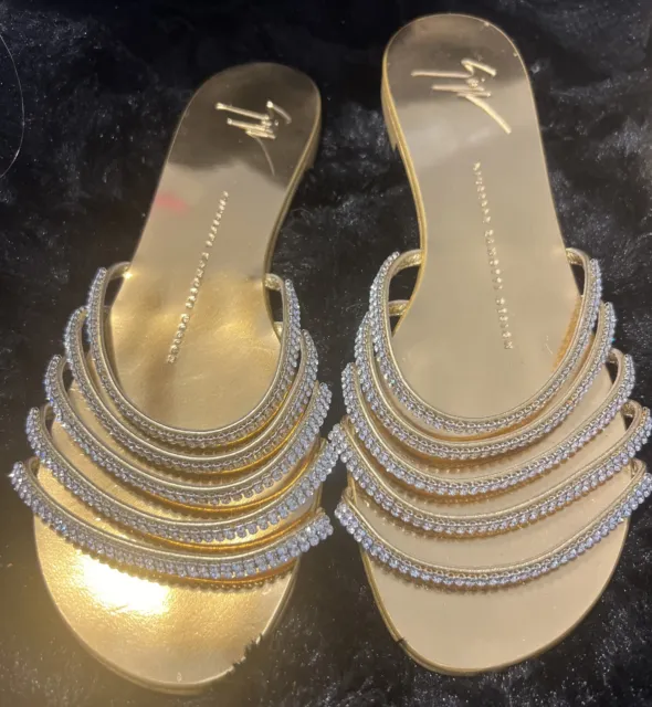 giuseppe zanotti Swarovski crystals gold leather sandals Slides Size 37