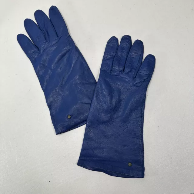 Aris Leather Gloves Women 7 Royal Blue Silk Logo Lined Past Wrist Stainguard