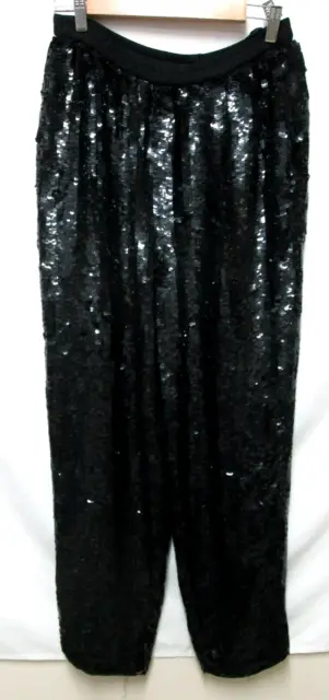 Vintage black Sequin 100% Silk Pants Elastic Waist Pockets Size Sz 8 10