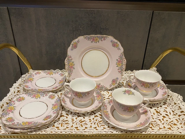 Pretty Vintage Colclough Bone China Tea Set Pale Pink, Gold & Flower