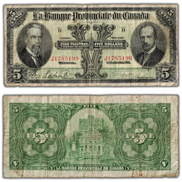 $5 1919 Banque Provinciale du Canada Chartered Note Green Tint CH #615-14-06