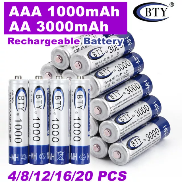 Rechargeable Battery NI-MH 1.2V 3000mAh AA/1000mAh AAA Recharge Batteries 4-20x