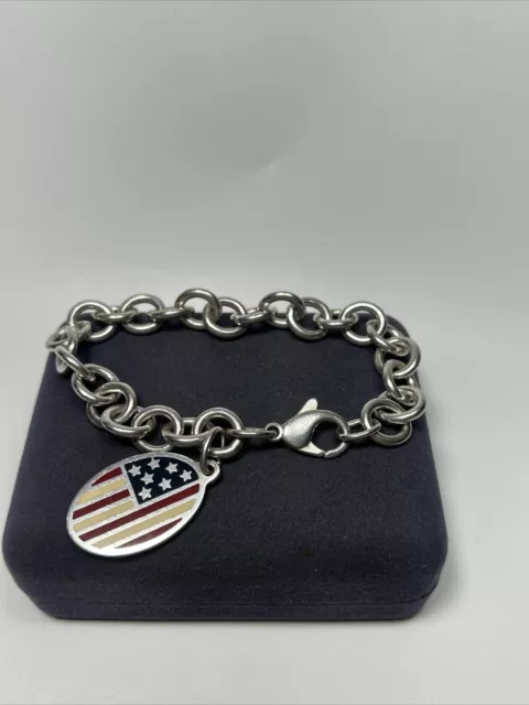 Auth Tiffany & Co 2001 Sterling Silver Enamel American Flag Oval Tag Bracelet