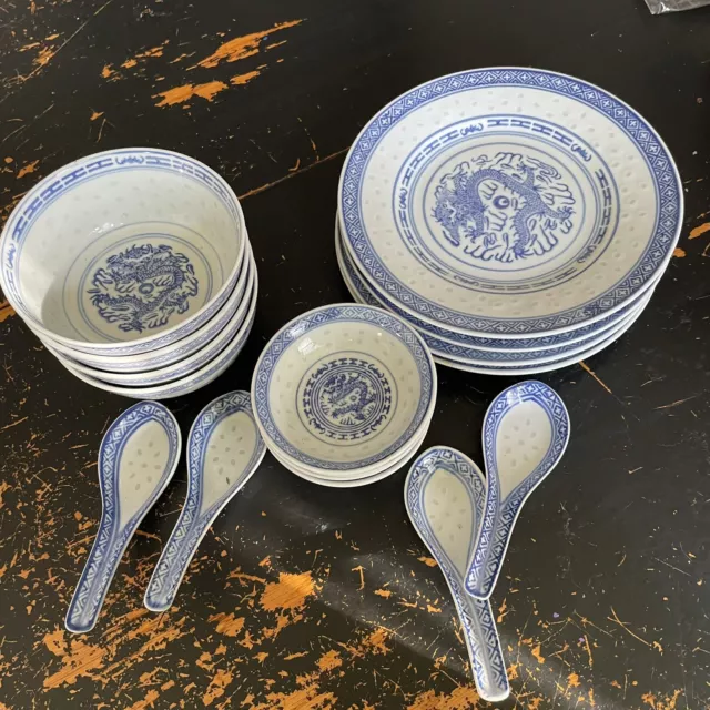 Chinese Blue White Porcelain Rice Pattern Soup Bowls Matching Spoons-DRAGON, 4