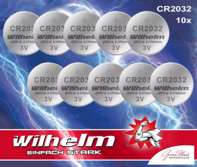 10 x Wilhelm CR2032 Knopfzelle Batterie LIthium Industrieware CR 2032 DL 2032