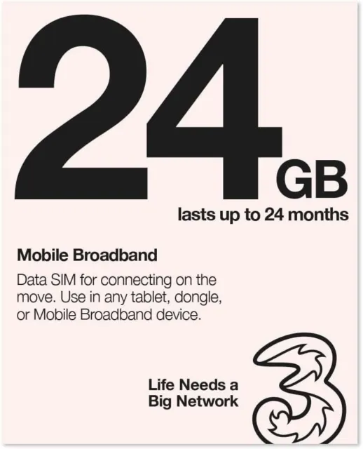 Three Mobile Pay As You Go Mobile Broadband 24 GB Data SIM - Lasts 24 Months