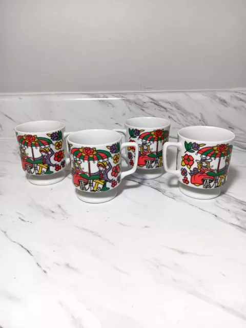 Vintage Set 4 Enesco Psychedelic Floral Boy Girl Coffee Tea Mugs Cup 1960s Japan