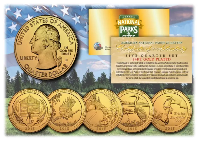 2015 America The Beautiful 24K GOLD PLATED Quarters Parks 5-Coin Set w/Capsules