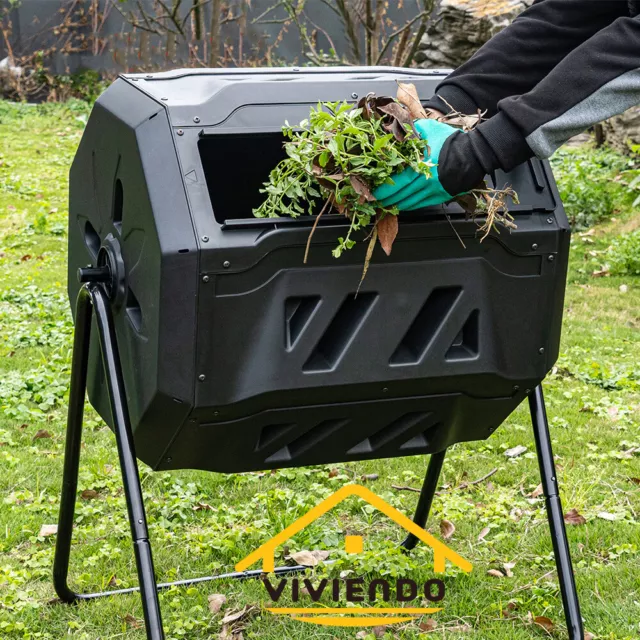 Viviendo 160L Twin Chamber Tumbler Rotating Compost Bin Composter Garden Recycle