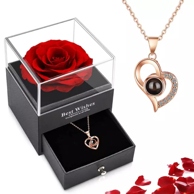 Projection Necklace Set with Rose Gift Box 100 Language I Love You Heart Pendant