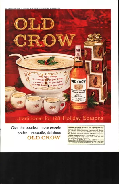 1963 Old Crow Kentucky Straight Bourbon Whiskey Christmas Holiday Color Print Ad