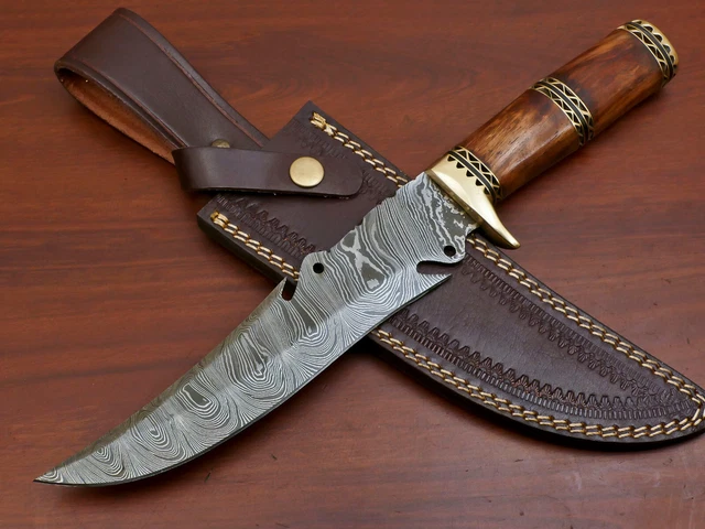 Custom Hand Forged Damascus Steel Hunting Knife -Rose Wood/Brass Guard - Za-3964