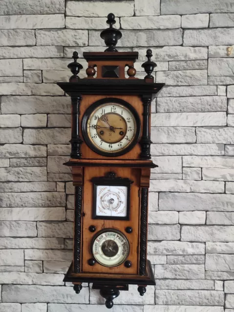 UNUSUAL  ANTIQUE HAC VIENNA WALL CLOCK-BAROMETER+THERMOMETER c1900 GWO SEE VIDEO