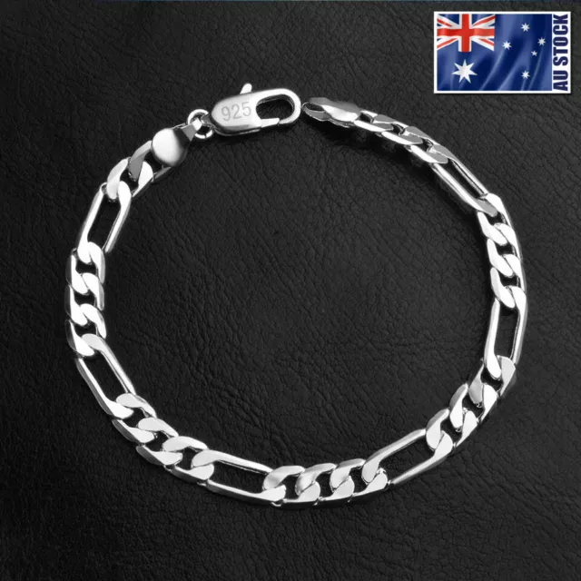 Mens Womens 925 Sterling Silver Filled Solid 6MM Curb Figaro Link Chain Bracelet