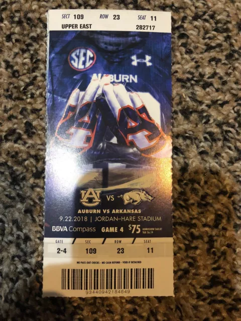 2018 Auburn Tigers Vs Arkansas Razorbacks College Football Ticket Stub 9/22