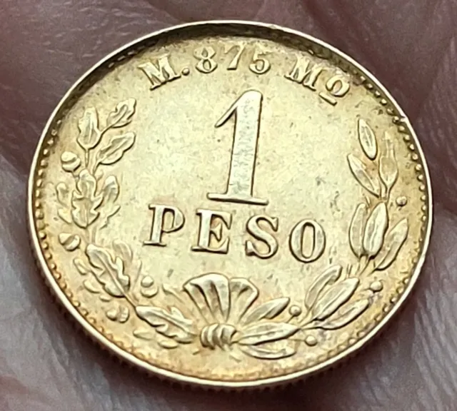 @LARGE DATE@ MEXICO 1 PESO 1902 Mo M Republica GOLD COIN KM.410 MONEDA de ORO