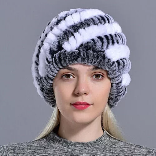 Echt Fell Mütze Kaninchen Hut Damen Schneekappe Wintermütze Beanie Strickmütze