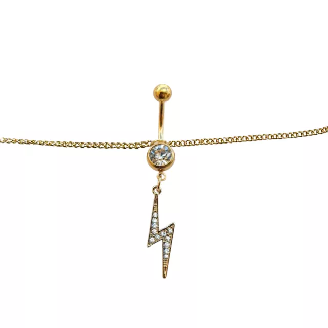 Belly Chain Navel Ring Gold Plated Waist with CZ Lightning Bolt Charm 14 Gauge