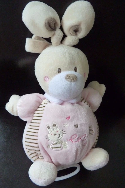 A7. DOUDOU PELUCHE  MUSICAL NICOTOY LAPIN ROSE ABC 20cm OREILLE NOUEE  ETAT NEUF