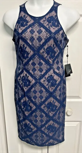 Adrianna Papell Womens Satin Lace Cutaway  Sheath Dress Navy Blue Size 8 NWT