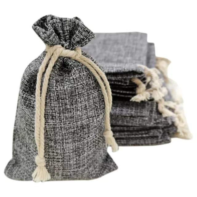 50 Small Gray Burlap Bags with Drawstring, 4x6 Inch Rustic Gift Bag Bulk Pack...