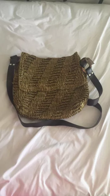 Medium Vintage Bijoux Terner Green Straw Crossbody Messenger Bag W Brown Strap