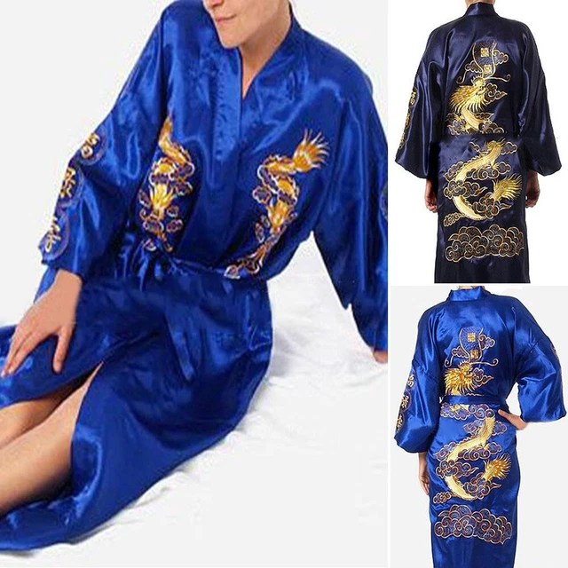 Elegante coppia donna uomo drago raso ricamo abito biancheria da notte kimono bagno