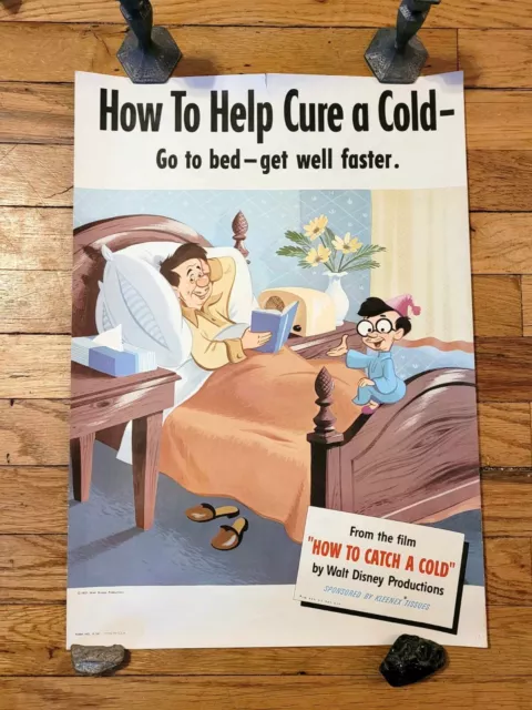 Vintage 1951 Disney Kleenex How To Catch A Cold Poster “Go To Bed Get Well Fast”